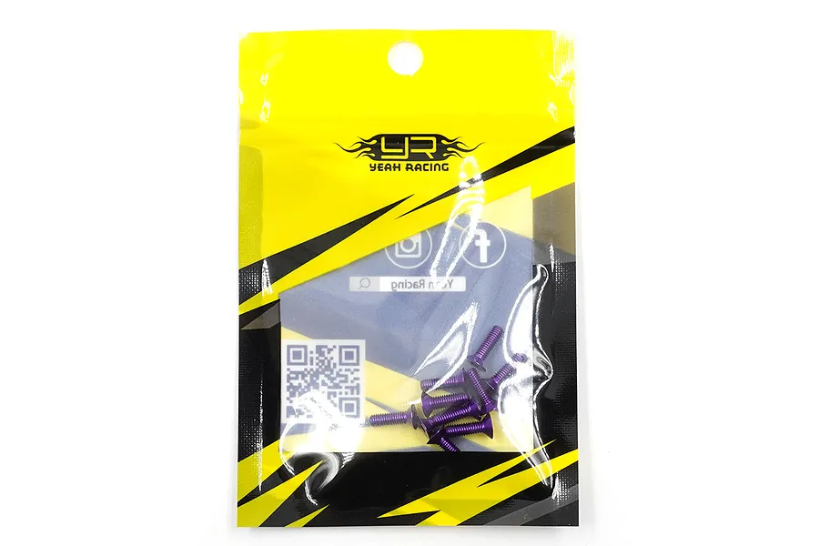 A pack of ten purple anodized aluminium countersunk RC screws in a yellow and black Yeah Racing branded plastic bag.