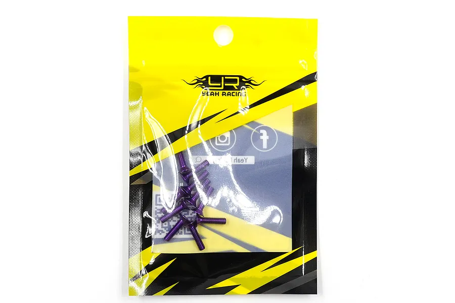 A pack of 10 purple anodized aluminium countersunk RC screws in a yellow and black Yeah Racing branded plastic bag.