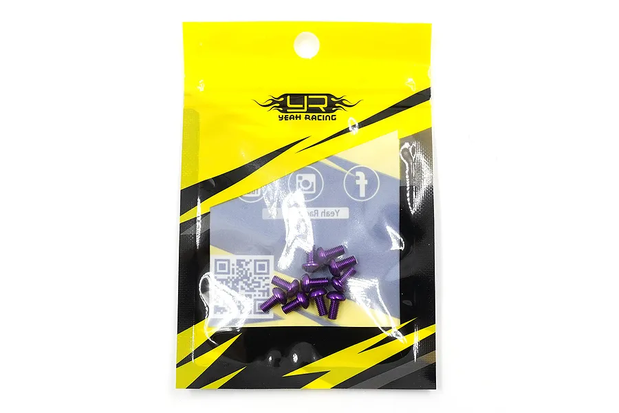 A pack of ten purple anodized aluminium button head screws by Yeah Racing in a yellow and black branded plastic bag.