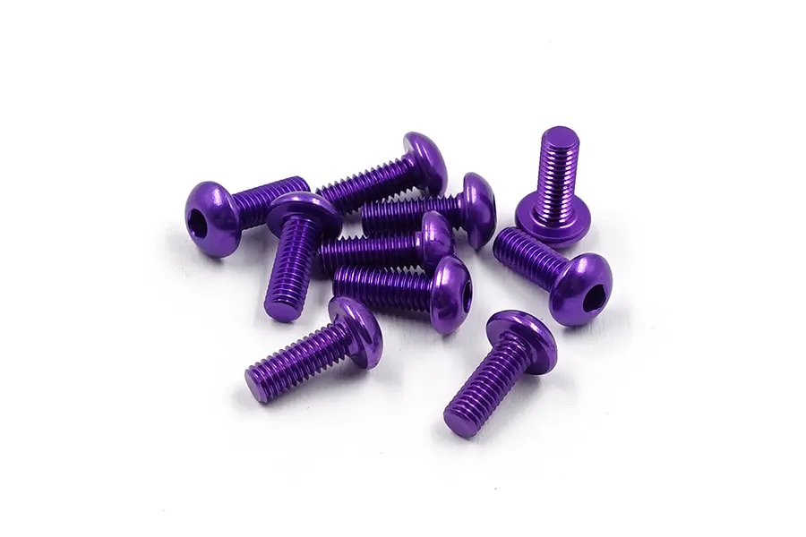 A pile of ten purple anodized aluminium button head screws with hex sockets on a white background.