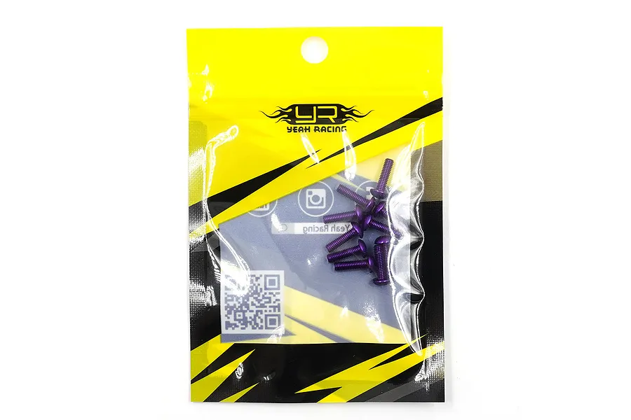A pack of ten purple anodized aluminium button head screws from Yeah Racing in a yellow and black branded plastic bag.