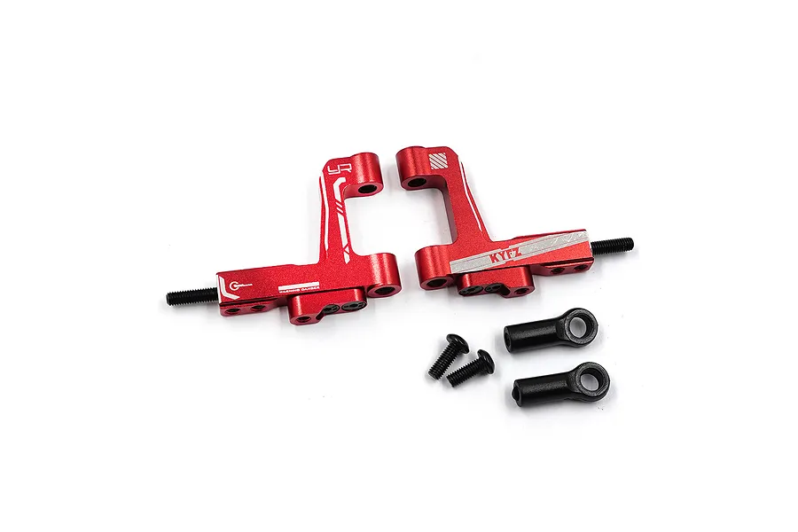 A pair of red anodized aluminium front suspension arms for an RC car, including two small black screws and two black ball joint ends.