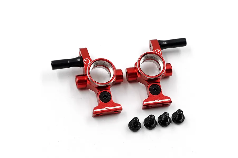 Two red anodized aluminium RC steering hubs with black metal shafts and four small black screws on a white background.