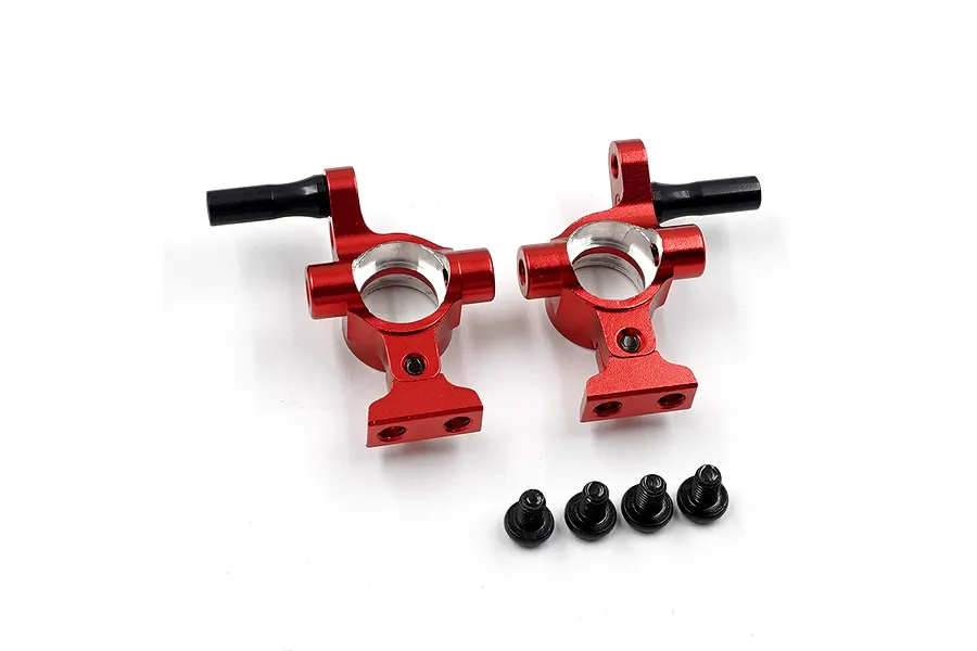 Two red anodized aluminium RC steering hubs with black pins and four small black screws on a white background.