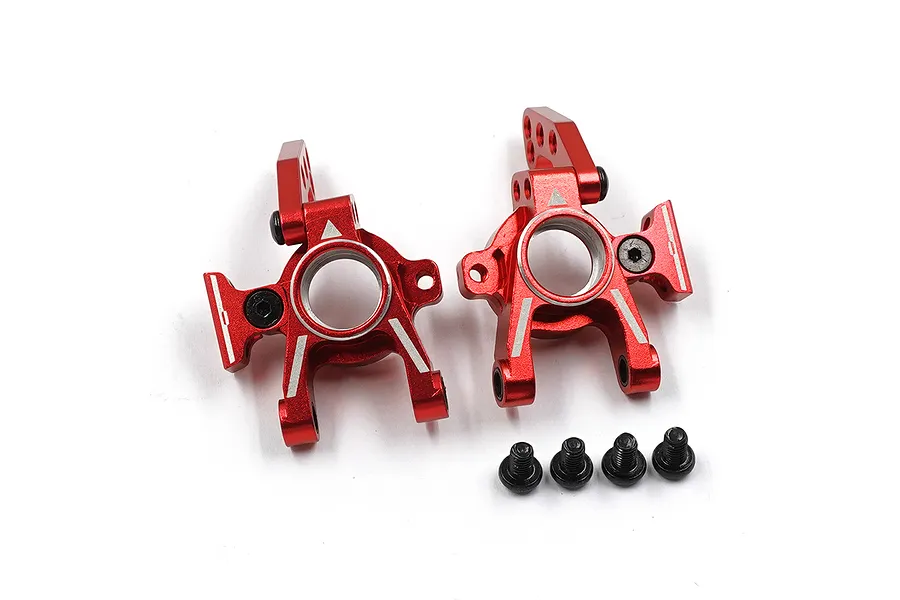 A pair of red anodized aluminium RC rear hubs with four small black screws on a white background.