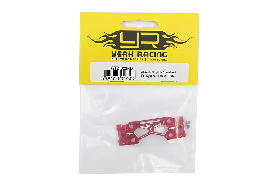 A red aluminium upper suspension arm mount for Kyosho Fazer D2 in its original Yeah Racing packaging.