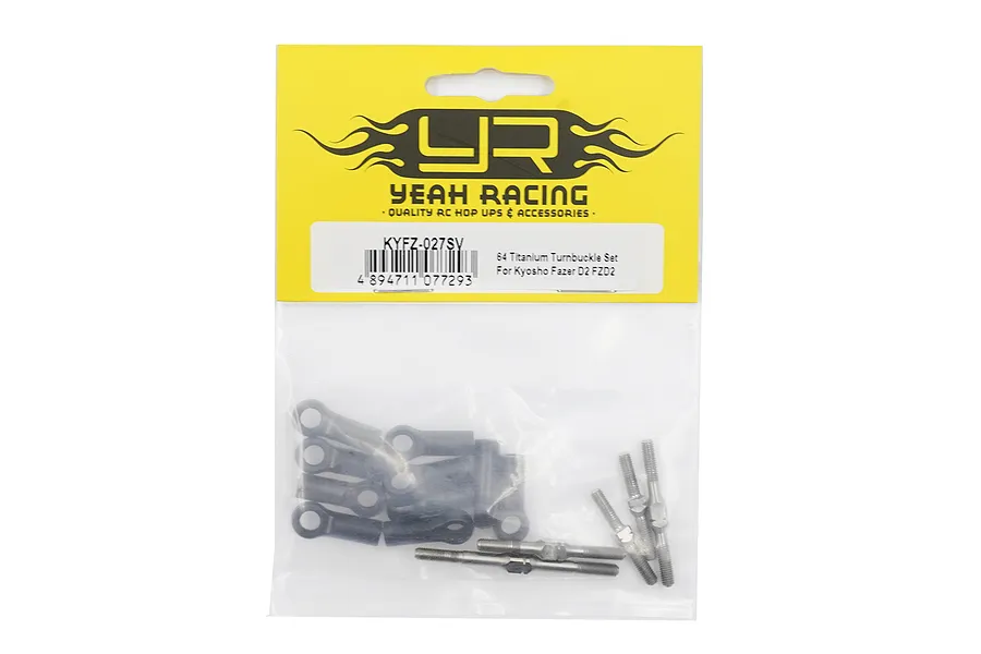 Yeah Racing titanium turnbuckle set for Kyosho Fazer D2 in original yellow and clear plastic packaging.