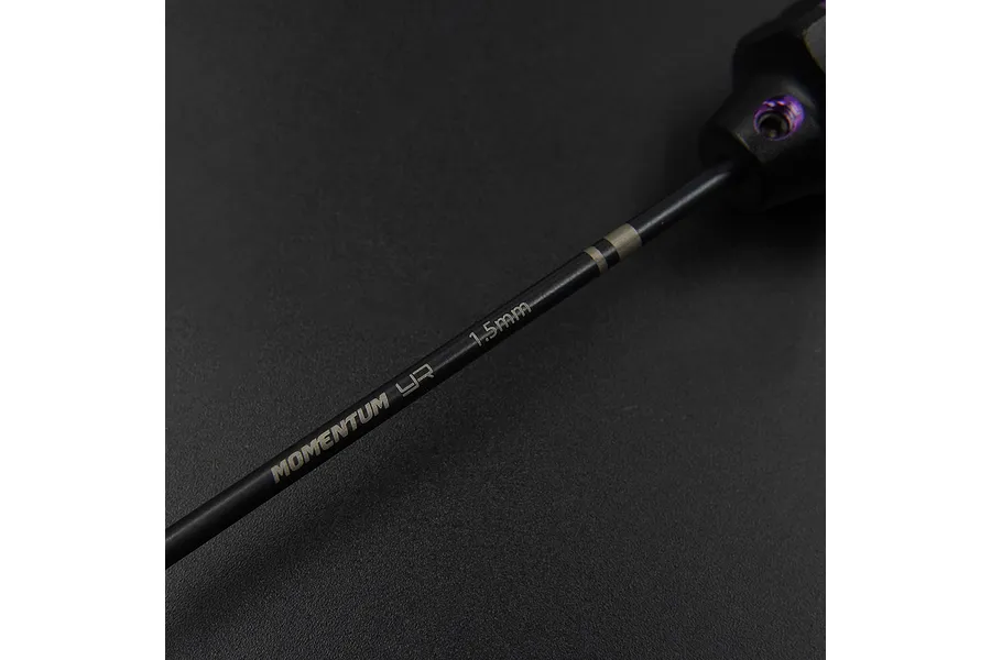 Close-up of a Yeah Racing Momentum 1.5mm hex driver shaft with black finish and laser-etched branding against a dark background.