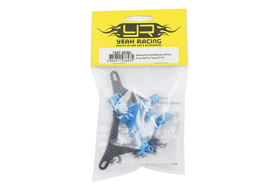 Yeah Racing TADT-003BU graphite front shock tower and blue aluminium bulkhead set in original retail packaging.