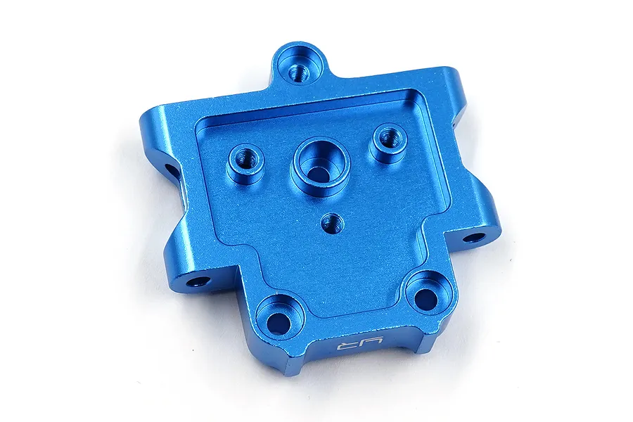 A blue anodized aluminium front lower suspension mount for an RC car, featuring multiple screw holes and the Yeah Racing logo.