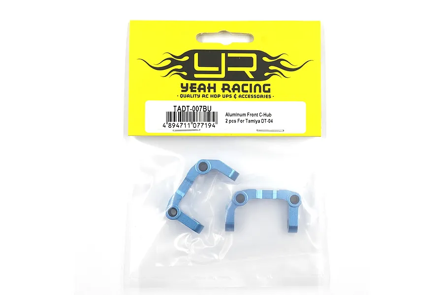 A pair of blue anodized aluminium C-hubs for Tamiya DT-04 in Yeah Racing branded packaging.
