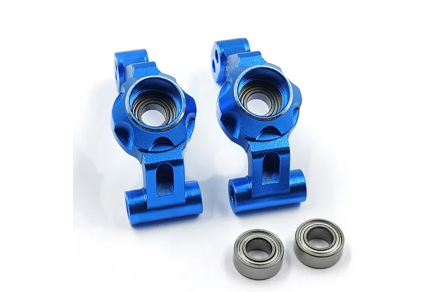 A pair of blue anodized aluminium RC rear hubs marked 2R and 2L, with two included ball bearings, isolated on a white background.