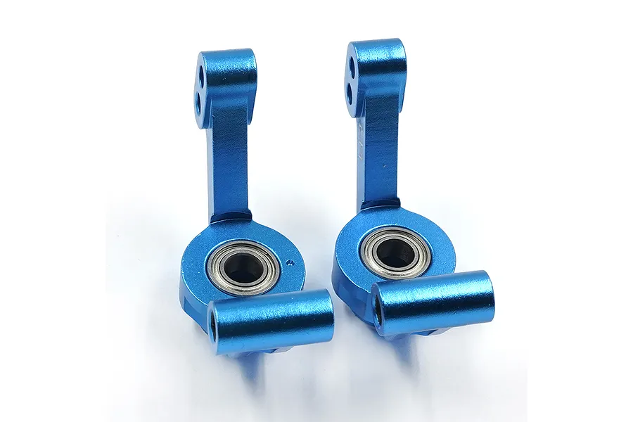 Two blue anodized aluminium RC rear hubs with pre-installed ball bearings, shown against a white background.