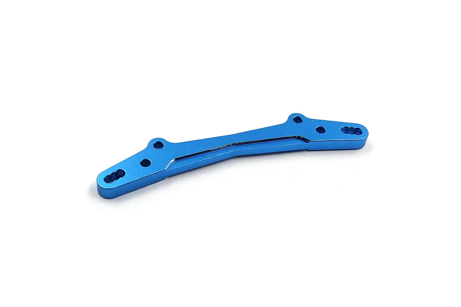A blue anodized aluminium rear shock tower plate for an RC car, featuring multiple mounting holes and a curved design.