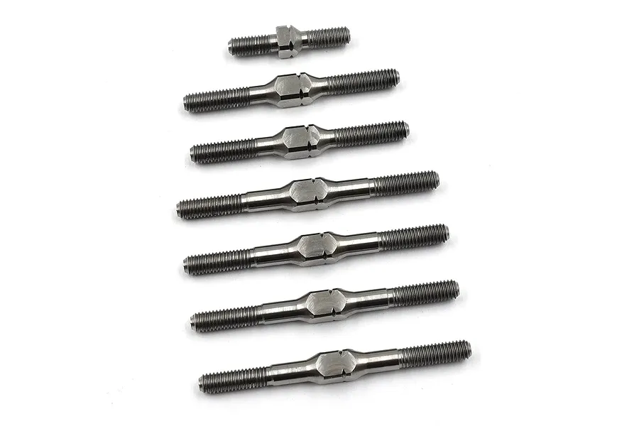 A set of seven silver-coloured metal turnbuckles of varying lengths arranged in a row on a white background.