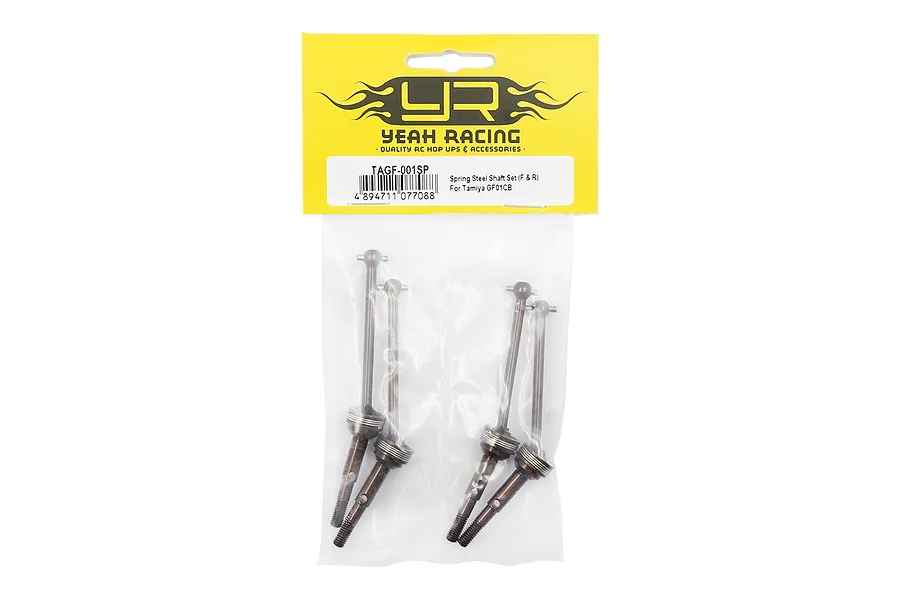 Yeah Racing Spring Steel CVD Driveshaft Set for Tamiya GF01CB in original yellow and white retail packaging.