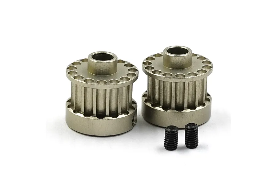 Two titanium-coloured aluminium RC pulleys with a toothed design and two small black grub screws on a white background.