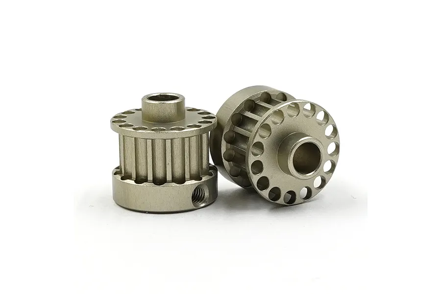 Two titanium-coloured aluminium RC car pulleys with gear teeth and circular cutouts, shown against a white background.