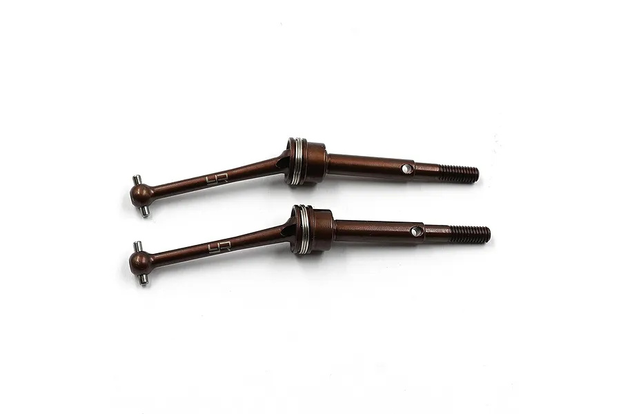 Two brown metal Yeah Racing CVD driveshafts for RC cars, featuring a jointed design and threaded ends, isolated on a white background.