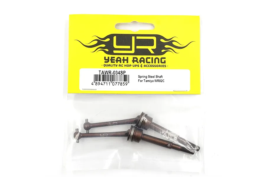 Yeah Racing Spring Steel CVD Driveshafts for Tamiya WR02C in original yellow and clear plastic packaging.