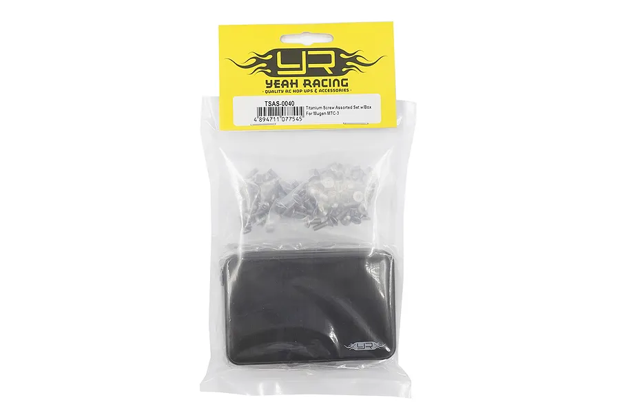 Yeah Racing Titanium Screw Set for Mugen MTC-3 in a plastic bag with a black storage box and yellow header card.