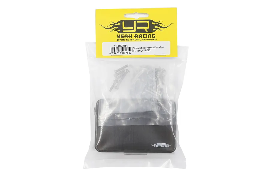 Yeah Racing titanium screw set for Tamiya WR-02C in a plastic bag with a black storage box and yellow header card.