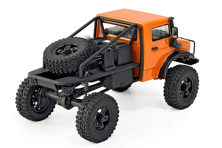 Rear three-quarter view of an orange Hobby Plus CR-18P Evo Trail Hunter RC rock crawler on a white background.