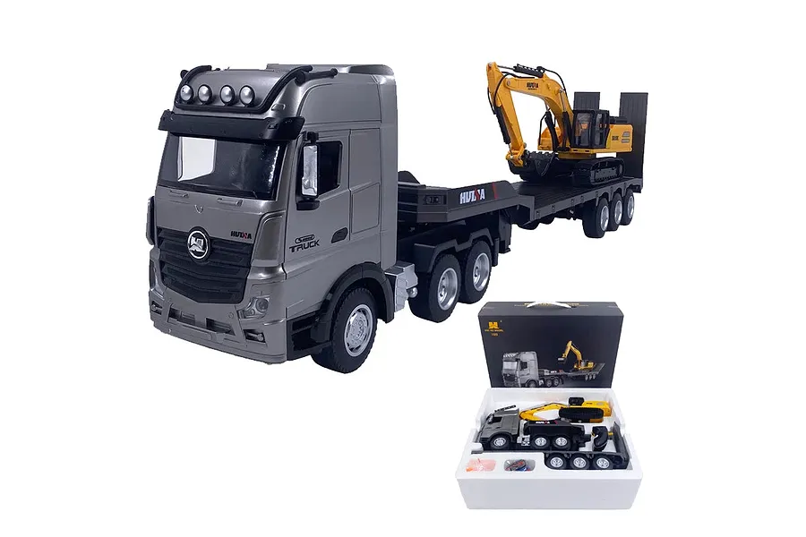 HuiNa 1522 RC Semi Truck Electric 2WD 1/18 Scale RTR with Flatbed Trailer and Excavator - Silver image 128559