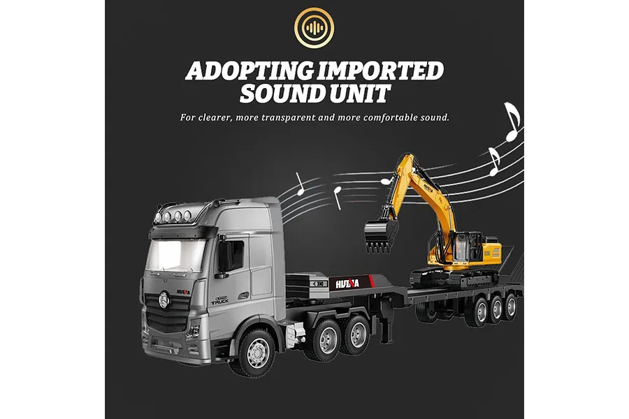 HuiNa 1522 RC Semi Truck Electric 2WD 1/18 Scale RTR with Flatbed Trailer and Excavator - Silver image 4