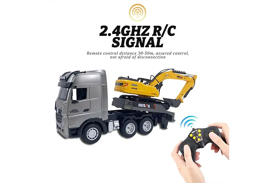 HuiNa 1522 RC Semi Truck Electric 2WD 1/18 Scale RTR with Flatbed Trailer and Excavator - Silver image 6