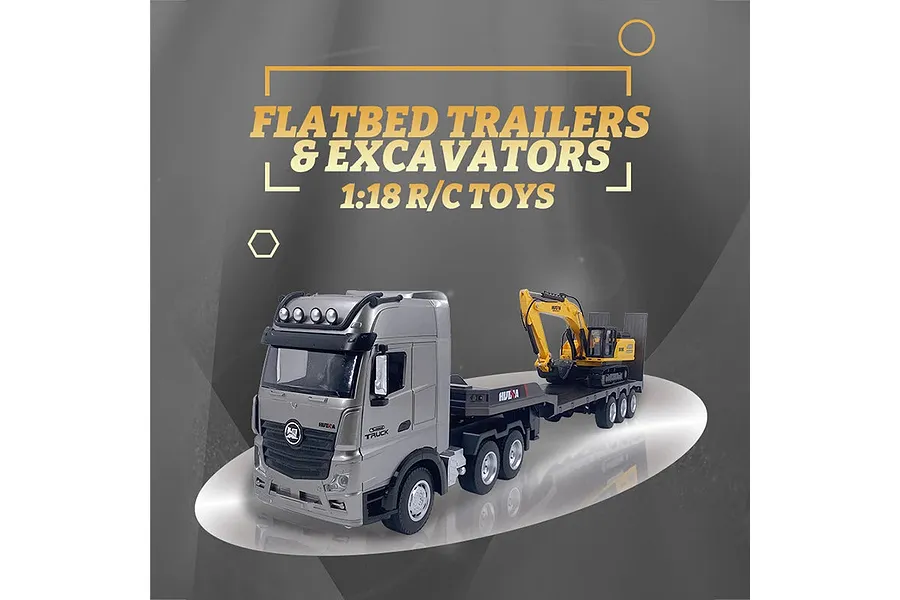 HuiNa 1522 RC Semi Truck Electric 2WD 1/18 Scale RTR with Flatbed Trailer and Excavator - Silver image 2