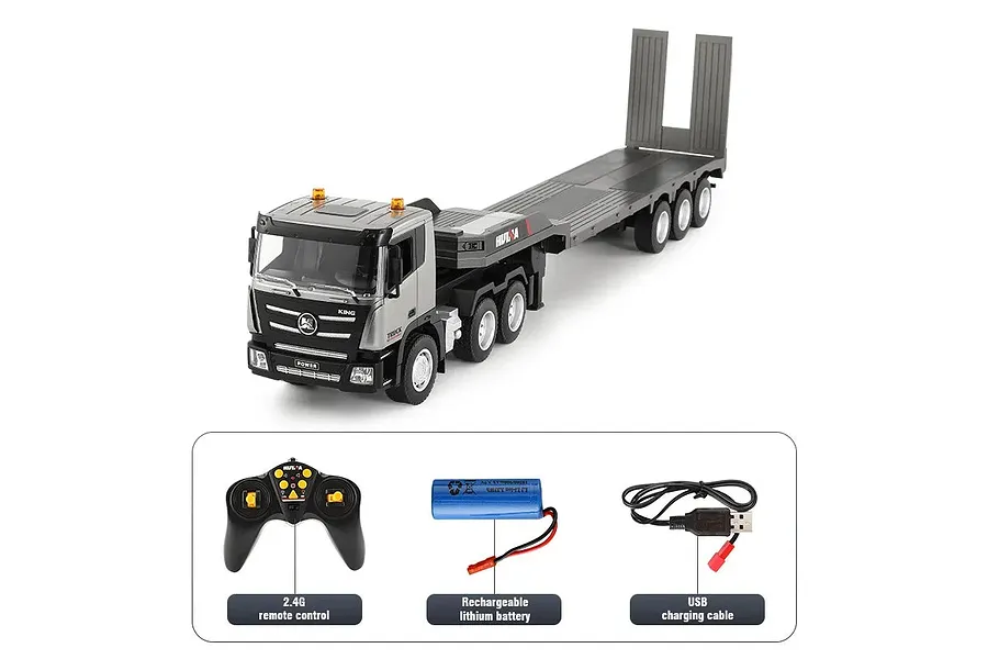 HuiNa 1318 RC Semi Truck Electric 2WD 1/18 Scale RTR with Flatbed Trailer - Silver image 128576