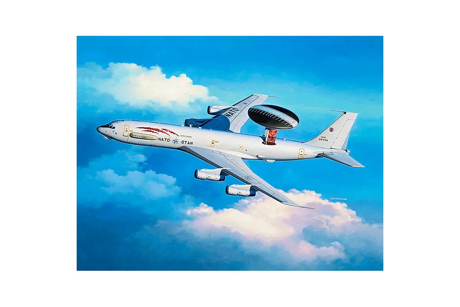 An artistic illustration of a NATO Boeing E-3A Sentry aircraft flying through a blue sky with white clouds.