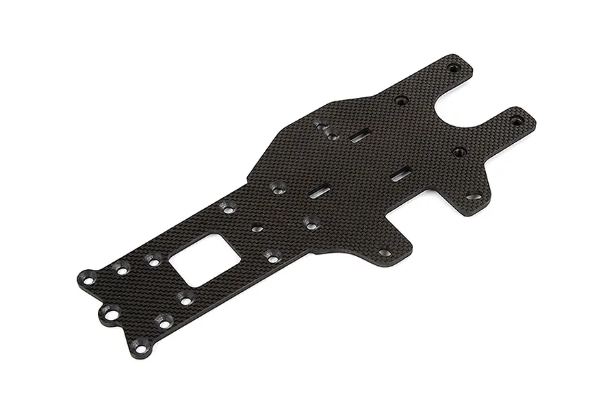 A flat, carbon fibre RC car chassis plate with a woven texture and multiple pre-drilled mounting holes, isolated on a white background.