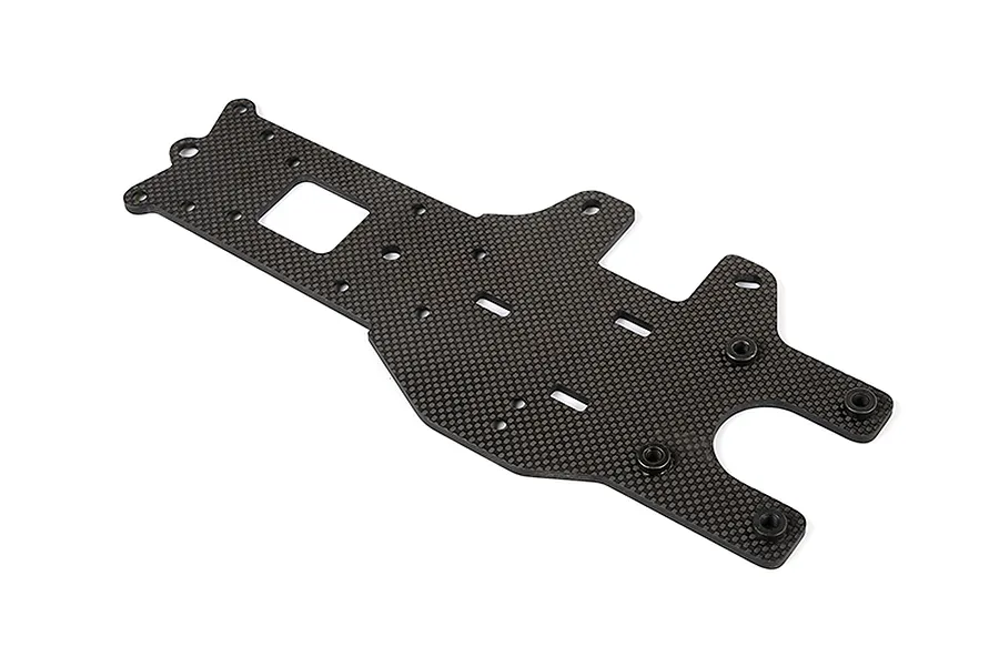 A flat, carbon fibre rear main chassis plate for an RC vehicle, featuring a woven texture and multiple mounting holes.