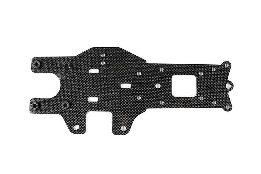 A flat, carbon fibre RC car chassis plate with a woven pattern, featuring multiple mounting holes and cutouts, isolated on a white background.