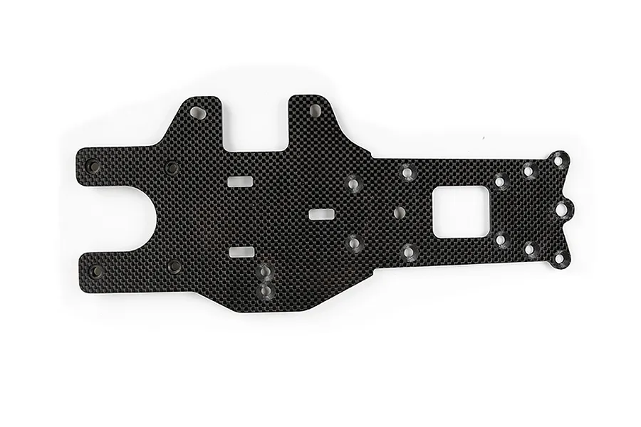 A flat, carbon fibre rear main chassis plate for an RC vehicle, featuring a woven pattern and multiple pre-drilled mounting holes.