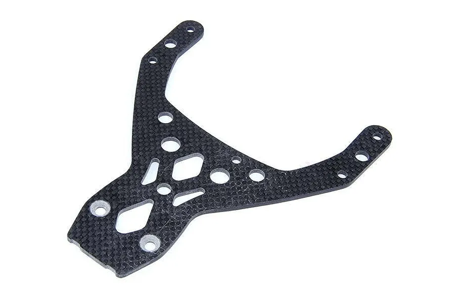 A Y-shaped carbon fibre front upper plate brace for an RC car, featuring a woven texture and multiple mounting holes.