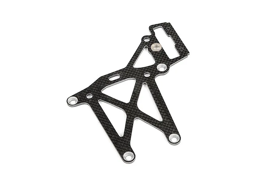 A Rovan carbon fibre rear upper plate brace for RC cars, featuring a geometric cutout design with metal-reinforced mounting holes.