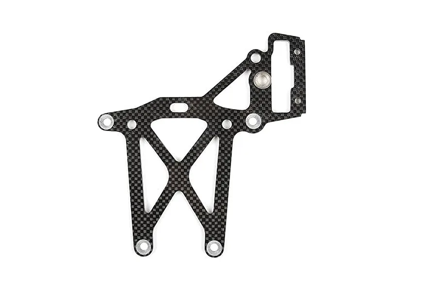 A flat carbon fibre rear upper plate brace for an RC vehicle, featuring a geometric cutout design and integrated metal mounting eyelets.