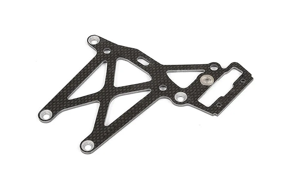 A flat, carbon fibre rear upper plate brace for an RC vehicle, featuring a geometric cutout design and multiple mounting holes.