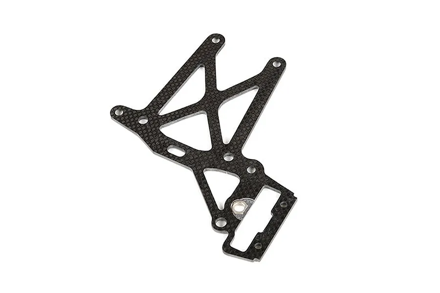 A flat, carbon fibre rear upper plate brace for an RC car, featuring a geometric cutout design and multiple mounting holes.
