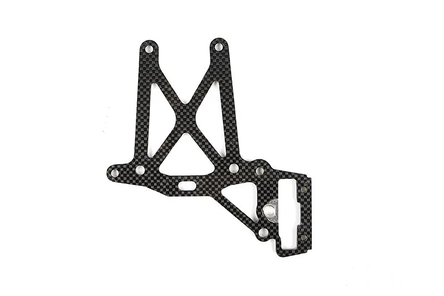 A flat carbon fibre rear upper plate brace for an RC car, featuring a woven pattern and multiple mounting holes.