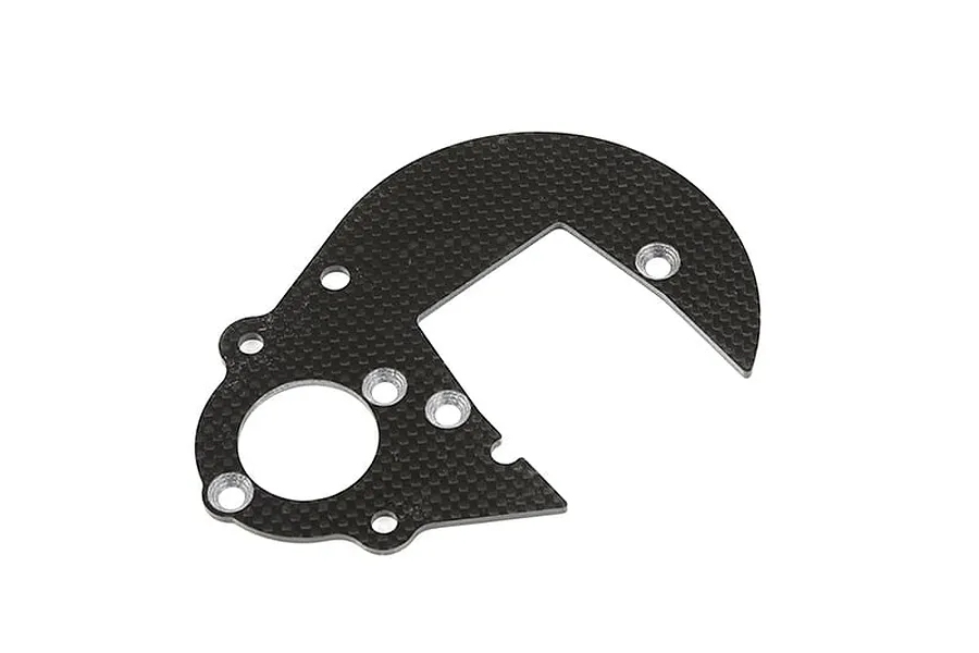A flat, carbon fibre spur gear plate for an RC vehicle, featuring a distinct curved shape with multiple mounting holes and a central cutout.