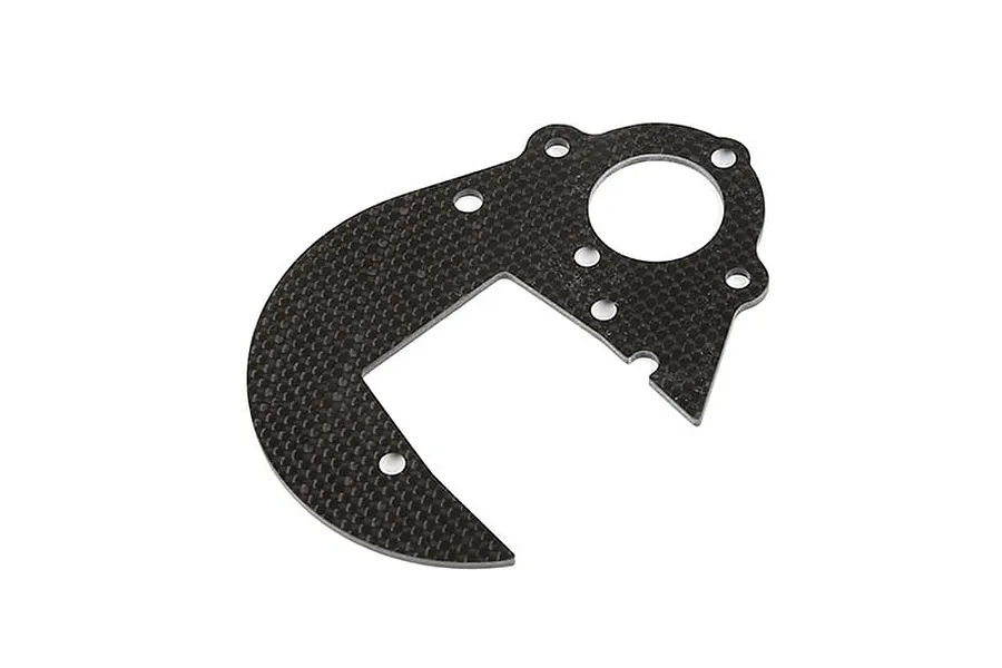 A flat, carbon fibre spur gear plate with a distinctive curved shape and multiple mounting holes, isolated against a white background.
