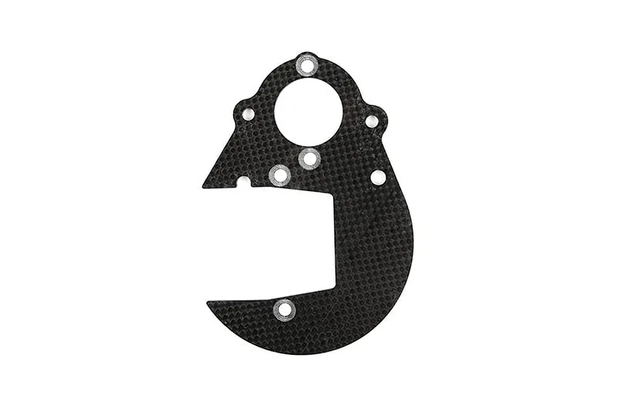 A flat, black carbon fibre spur gear plate with multiple mounting holes and a central cutout, isolated on a white background.
