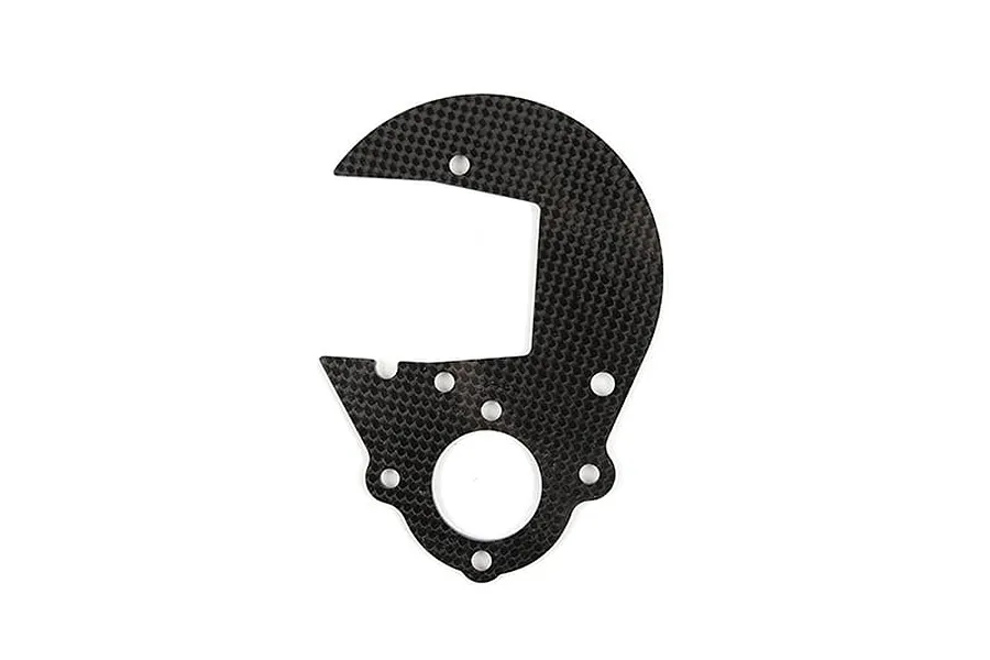 A flat, carbon fibre spur gear plate for an RC car with a distinctive C-shape and multiple mounting holes.