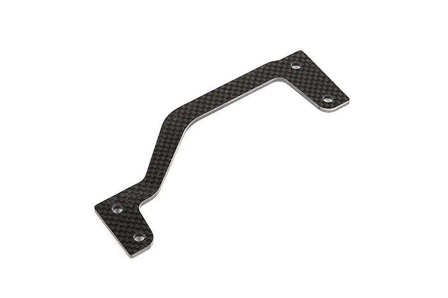 A flat, carbon fibre rear chassis brace with a distinct angled shape and four mounting holes, isolated on a white background.