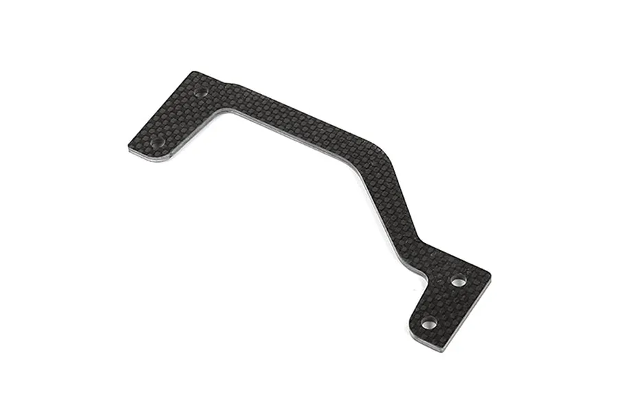 A flat, carbon fibre rear chassis brace for an RC vehicle with four mounting holes, shown against a plain white background.