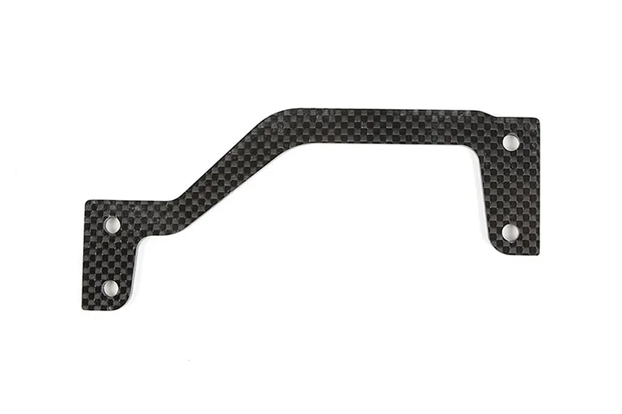 A flat, L-shaped carbon fibre rear brace for an RC car, featuring a distinct woven pattern and four pre-drilled mounting holes.